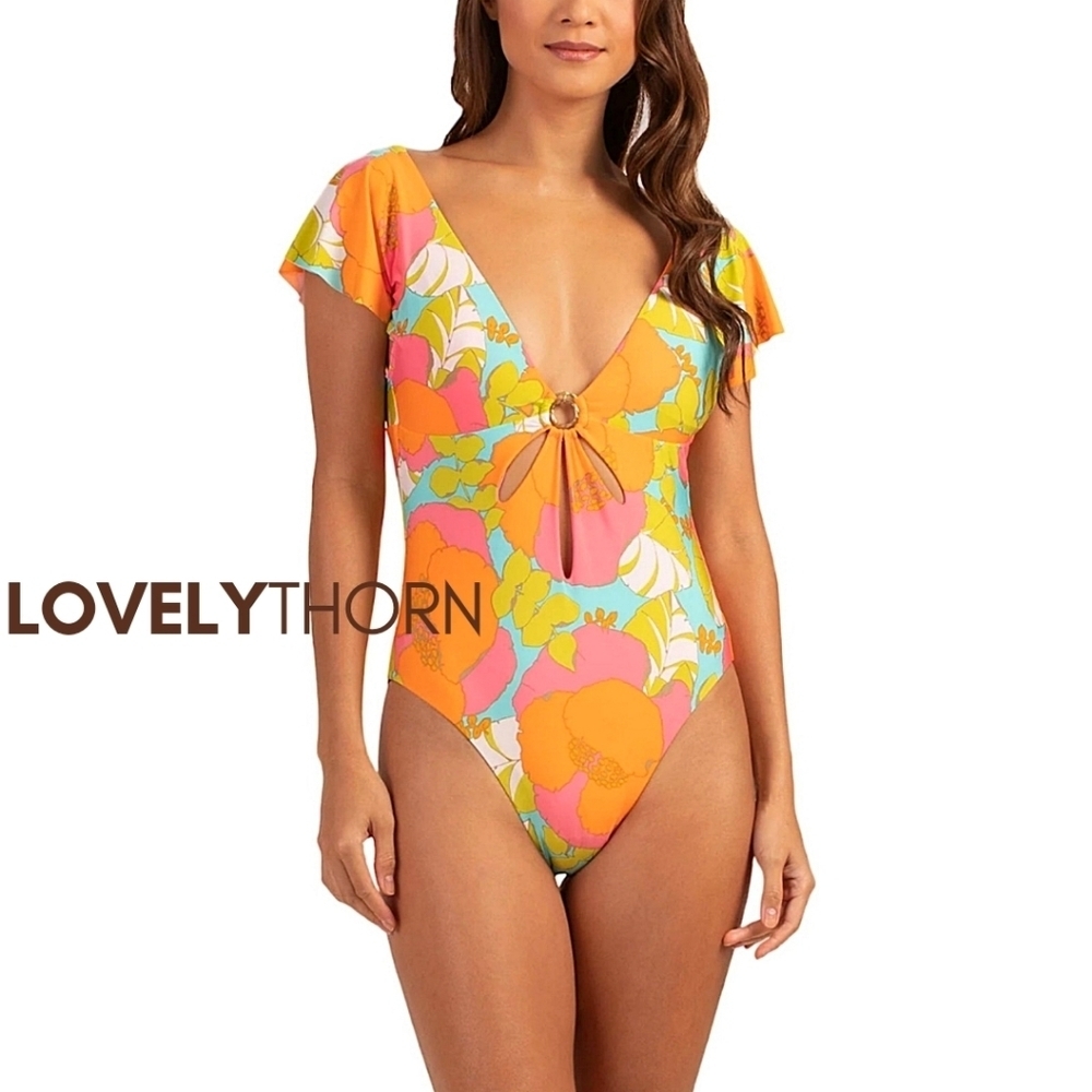 TRINA TURK // ltd ed playa de flor flutter sleeve cut-out 1 piece swim/bodysuit - Picture 8 of 12